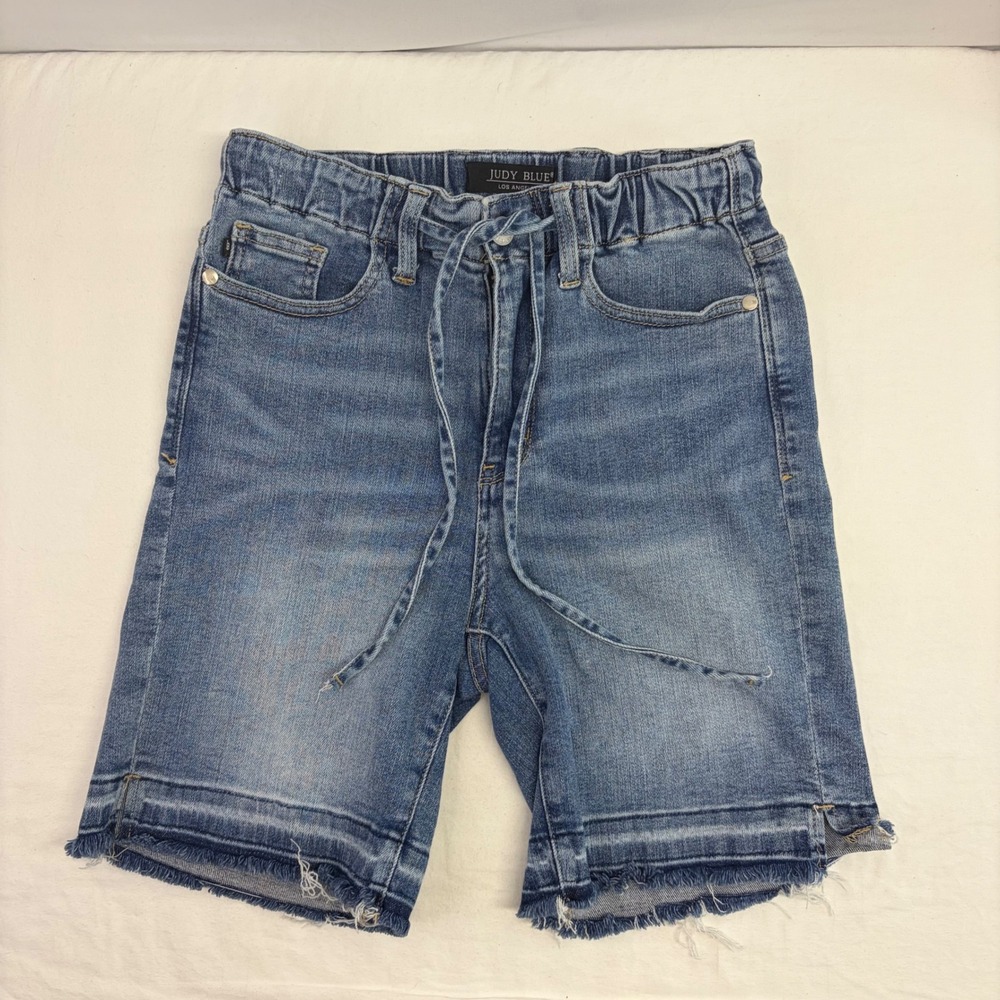 Judy Blue Denim‎ Shorts Women Small Blue Bermuda Cut Off Drawstring Raw Hem